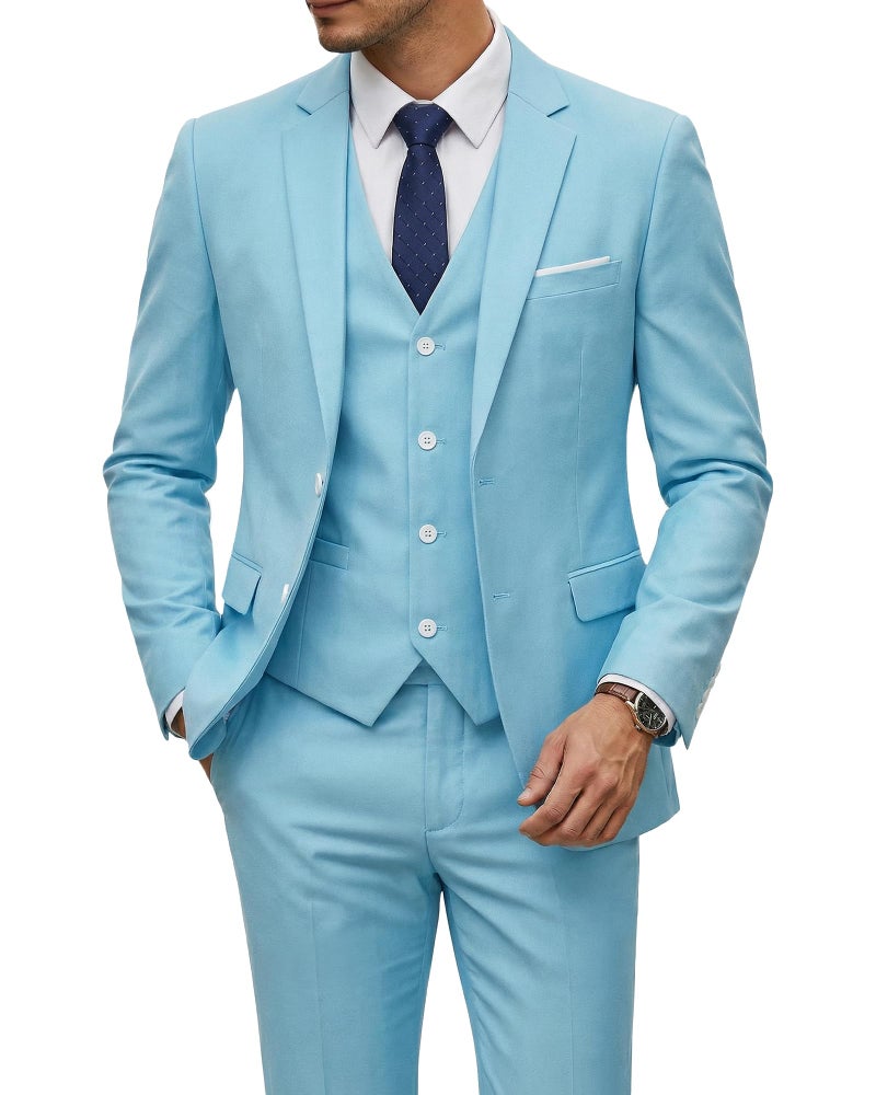 YND Men's 3 Piece Suit Set with Tie, 2 Button Slim Fit Solid Blazer Jacket Vest Pants, Business Wedding Party Suits for Men, Sky - Image 1
